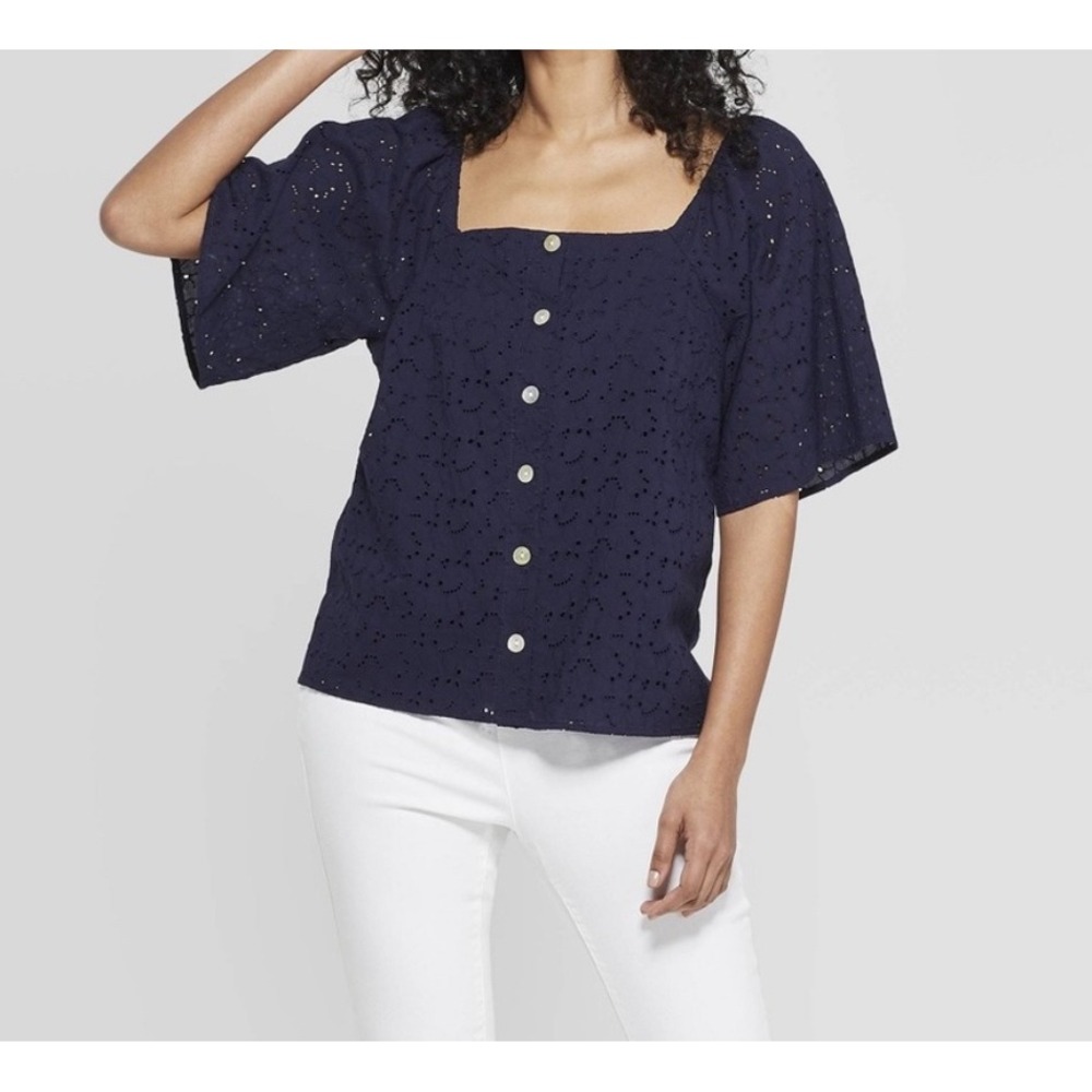 A New Day Eyelet Blouse Womens S Navy Blue Flutter Sleeve Boho Peasant‎ Feminine